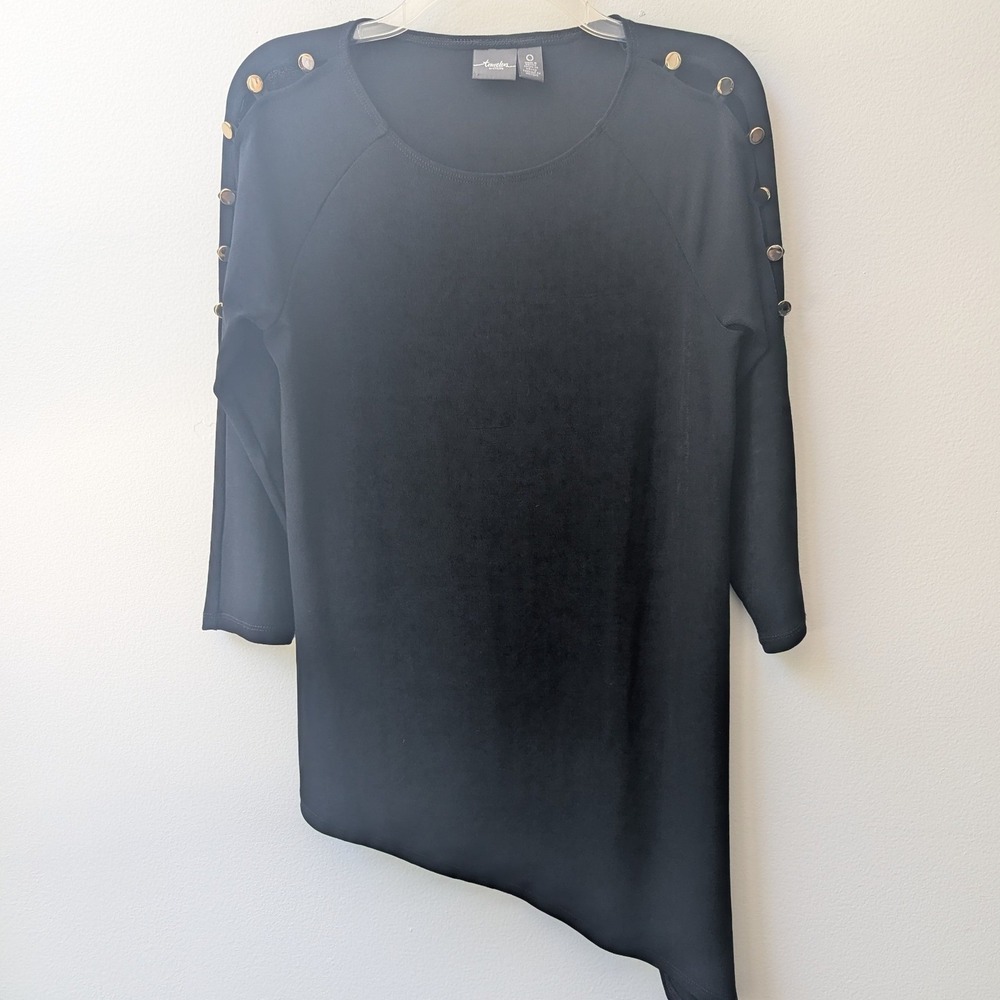 Chico's Travelers Tunic Black Asymmetric Split Hem Button Shoulder Sz 0 XS/S